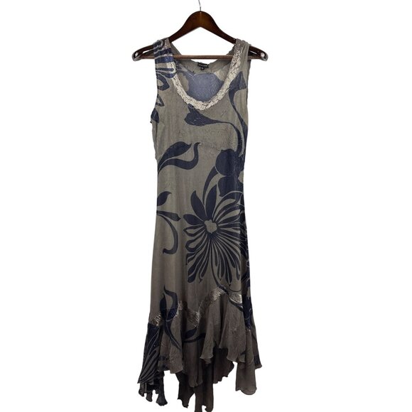 Women’s Vintage Komarov Large Gray Maxi Dress with Blue Floral Design & Ruffled - Picture 1 of 4